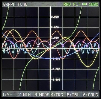 The PicoCalc's 320x320 screen showing seven functions plotted at
                once in different colours over a grid, with a status bar reading
                GRAPH FUNC, RAD, FLT and a full battery, and a softkey bar along
                the bottom reading 1:Y= 2:WIN 3:MODE 4:TRC 5:TBL 6:CALC.